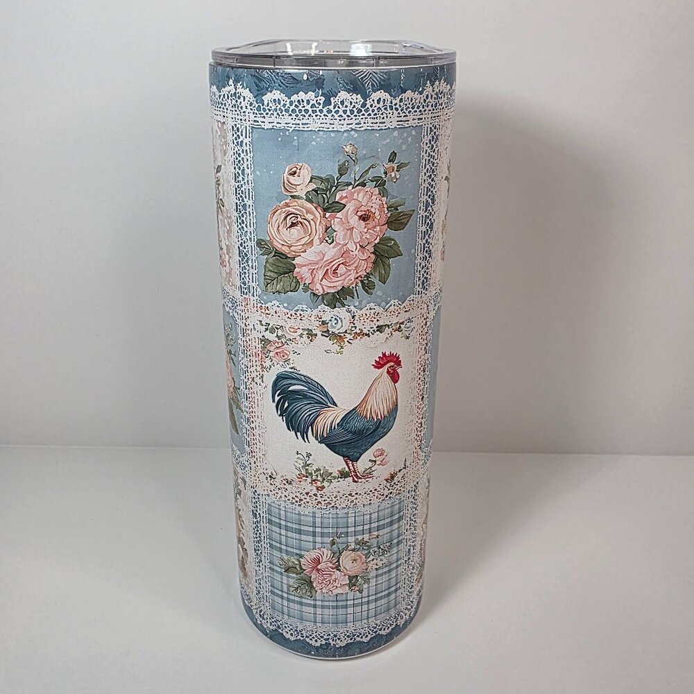 Farmhouse Rooster Floral 20 oz Skinny Tumbler | Cottagecore Vintage Lace - Picture 5 of 9